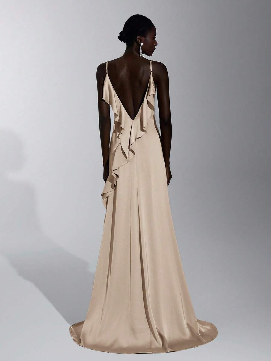 Elitara Elegant Champagne Color Ruffle Strap Bridesmaid Dress - Khaki - View 1
