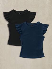 Soleia 两件套黑色和藏蓝色罗纹圆领修身泡泡袖T恤，适合夏季穿着 - 彩色 - 查看 10