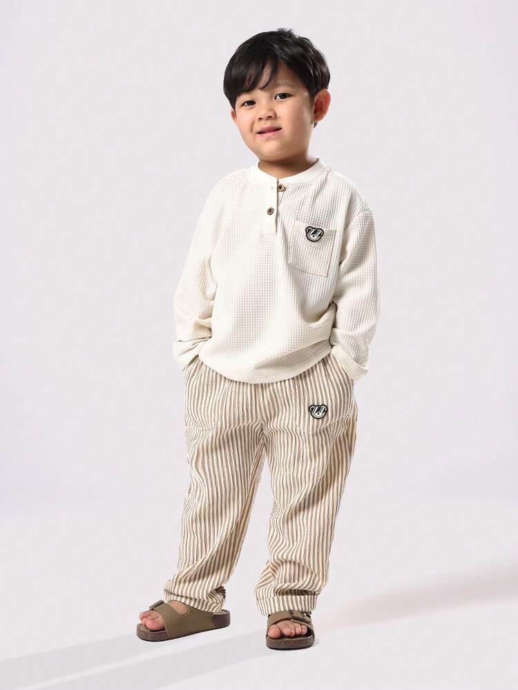 Waffle Knit Henley With Striped Pants Set
