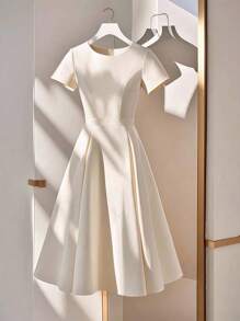 Franclia Elegant Minimalist Round Neck Patchwork Ruched Midi Dress For Women - Apricot - View 1