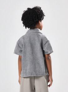 SUMWON Kids Streetwear Grey Denim Overshirt Short Sleeve Button Down Shirt With Front Back Graphics And Printed Text Regular Fit Urban Fashion Casual Wear - Grey - View 2