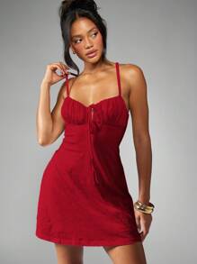 MISSGUIDED Broderie Anglaise Mini Dress Ruched Bust Summer Party Evening Holiday Resort Vacation Sleeveless Sweetheart Neckline Tie Front Adjustable Straps
