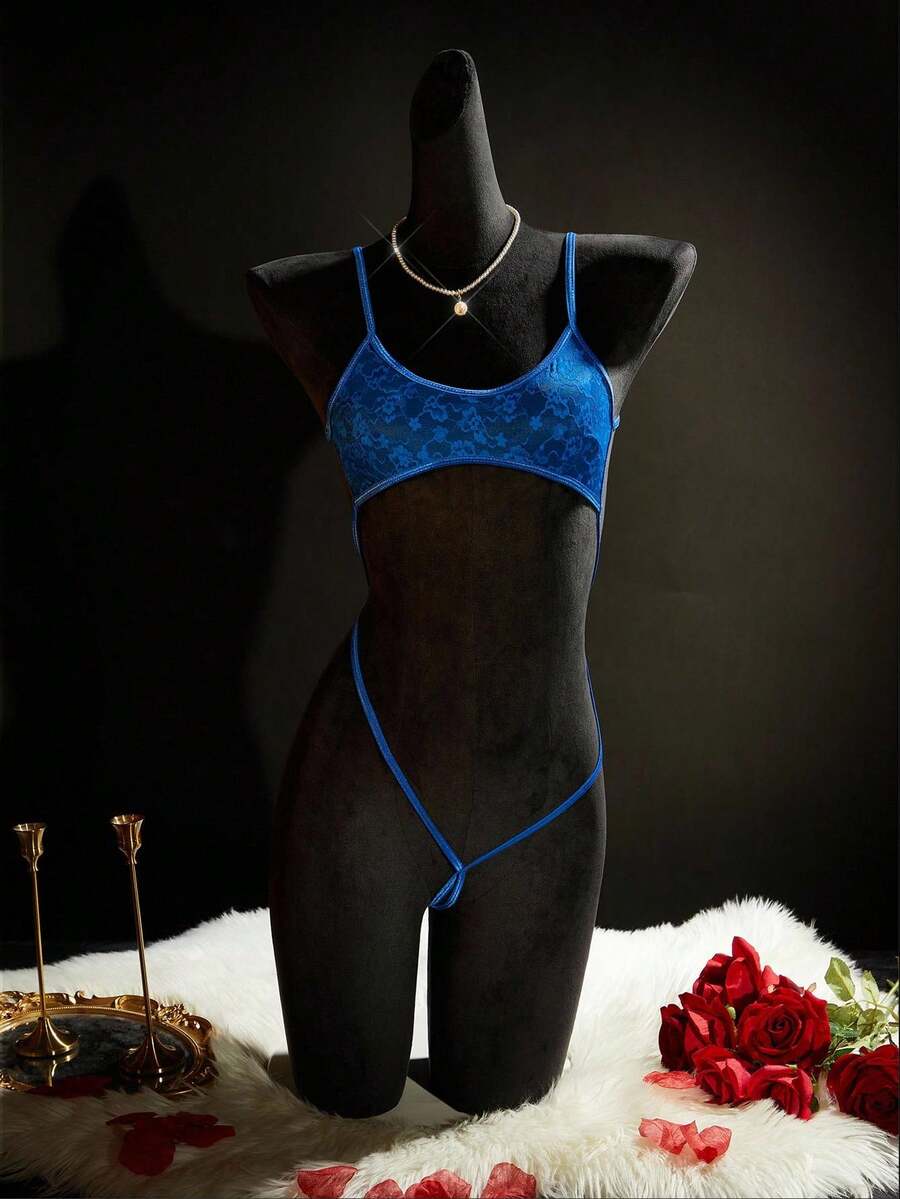 SpicyHot 超性感透明花卉蕾丝乳贴交叉露背开裆泰迪连体衣，海军蓝，适合派对、外出的俱乐部服装