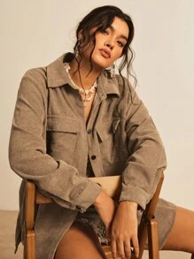 SHEIN LUNE Plus Size Women's Solid Color Long Sleeve Single Breasted Jacket, Autumn Winter Fall - Mocha Brown - View 7