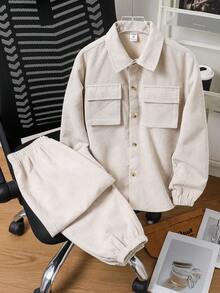 SHEIN 2 件青少年男孩休闲口袋翻领灯芯绒开襟长袖衬衫和宽松长裤梭织两件套西装适合学校、花园、海滩、生日、春季、夏季、秋季、冬季 - 卡其色 - 查看 3