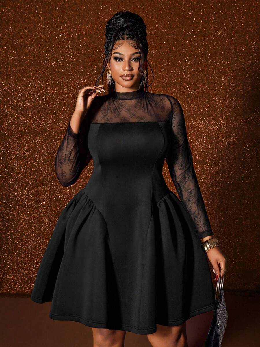 Maweii Váy phồng ren chắp vá thanh lịch cỡ lớn - màu đen - Xem 1