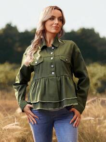 SHEIN Maternity Casual Solid Color Frayed Denim Jacket, Spring/Autumn - Army Green - View 1