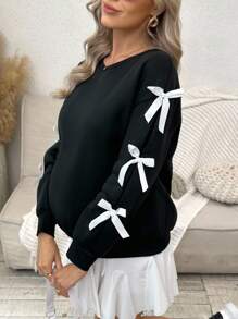 SHEIN Women's Long Sleeve Crew Neck Sweatshirt, Bowknot Cuff Decor, Maternity Autumn - Black - View 3