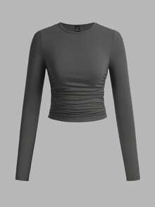 SHEIN EZwear 3pcs/Set Women's Casual Solid Color Crew Neck Ruched Long Sleeve T-Shirts, Black, Dark Grey, White, Autumn/Winter,Fall Tops