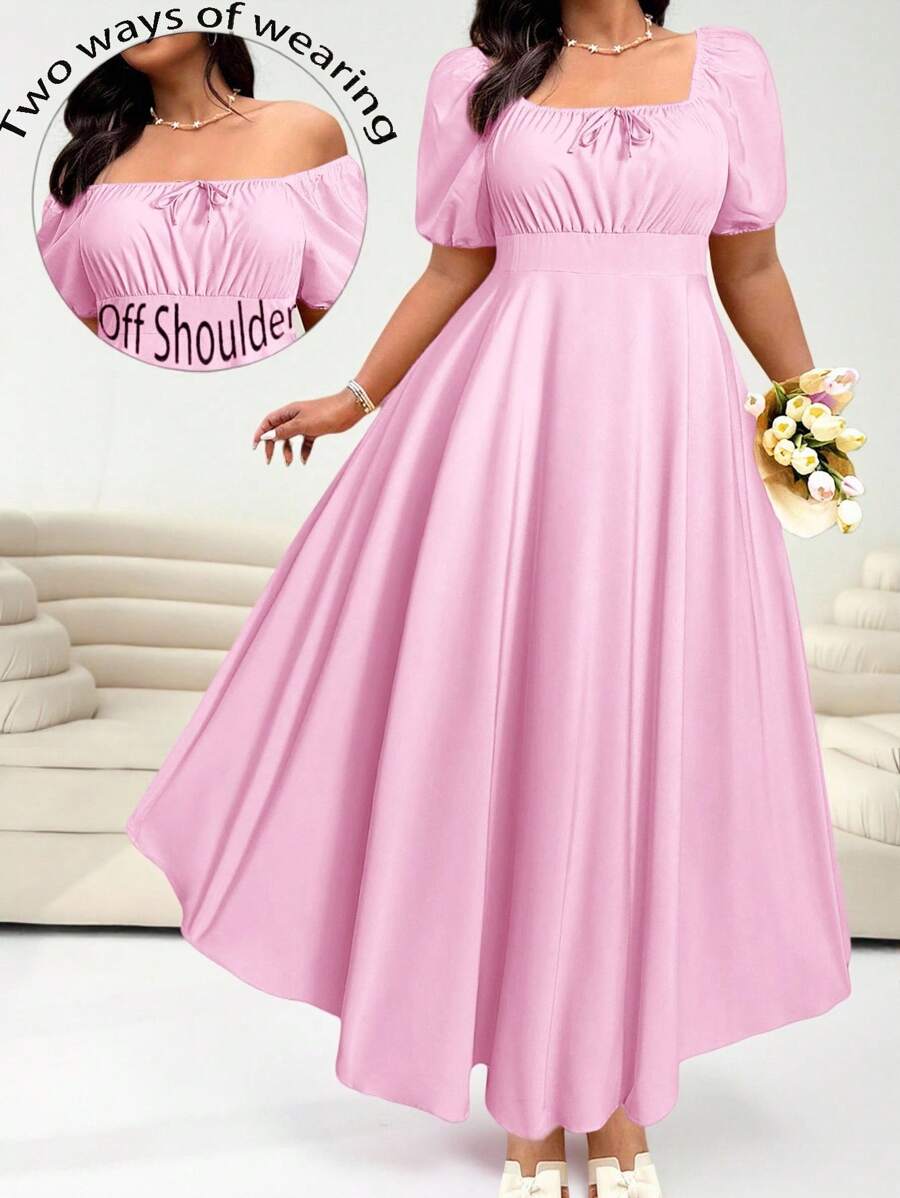 Solflare 大码女式黄色短袖休闲系带束腰优雅度假装，适合春夏、夏季、夏季穿着，也可作婚礼宾客连衣裙或束腰连衣裙。 - 粉色 - 查看 1