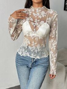 Glamine Áo dài tay đơn giản màu trơn trang trí ren Sheer - Màu be - Xem 3