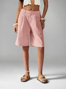 MISSGUIDED 量身定制的亚麻百慕大短裤，高腰阔腿，夏季海滩散步口袋，轻盈及膝，女士休闲度假装 - 藕粉色 - 查看 5