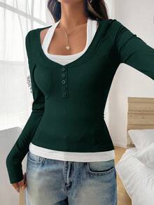 Zavorell 复古撞色长袖T恤休闲修身上衣欧美风秋季 - 墨綠色 - 查看 4