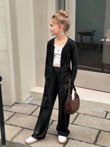SHEIN Tween 女童纯黑色拉链连帽衫上衣夹克和阔腿裤两件套，适合春秋季休闲装和日常穿着 - 黑色 - 查看 8