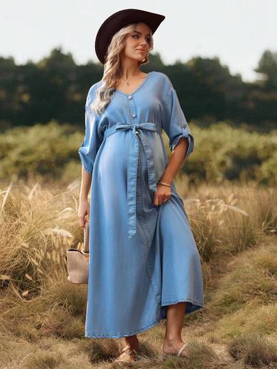 SHEIN Avslappnad denimklänning för gravida med knappar framtill