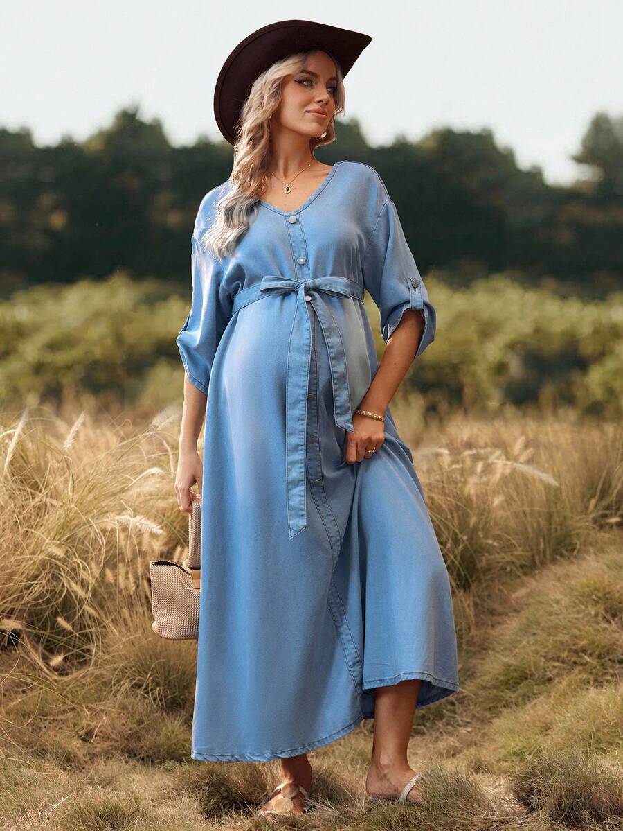 SHEIN Maternity Casual Front Button Denim Dress