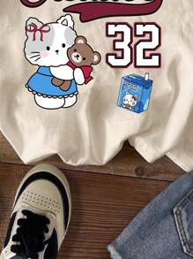 Muchica 休闲简约卡通图案圆领短袖宽松女T恤，适合夏季 - 彩色 - 查看 4