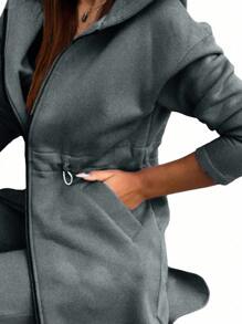 SHEIN LUNE Của phụ nữ Màu thuần Thả vai Tay áo dài áo có mũ Áo khoác Và Quần Bộ - Xám - Xem 7