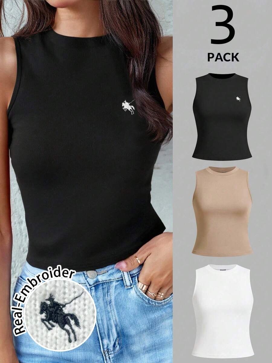 SHEIN LUNE 3件装女士圆领刺绣马匹紧身吊带背心，黑/白/灰三色可选，适合秋季作为打底衫穿着，3件装修身女式上衣 - 彩色 - 查看 1