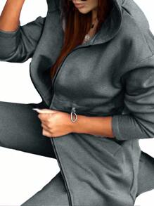 SHEIN LUNE Của phụ nữ Màu thuần Thả vai Tay áo dài áo có mũ Áo khoác Và Quần Bộ - Xám - Xem 6