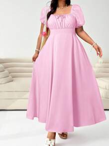 Solflare 大码女式黄色短袖休闲系带束腰优雅度假装，适合春夏、夏季、夏季穿着，也可作婚礼宾客连衣裙或束腰连衣裙。 - 粉色 - 查看 5