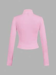 SHEIN EZwear 2pcs Pink & Black Knit Zip-Up Long Sleeve T-Shirt For Women, Suitable For Autumn/Winter,Fall Tops - Multicolor - View 10