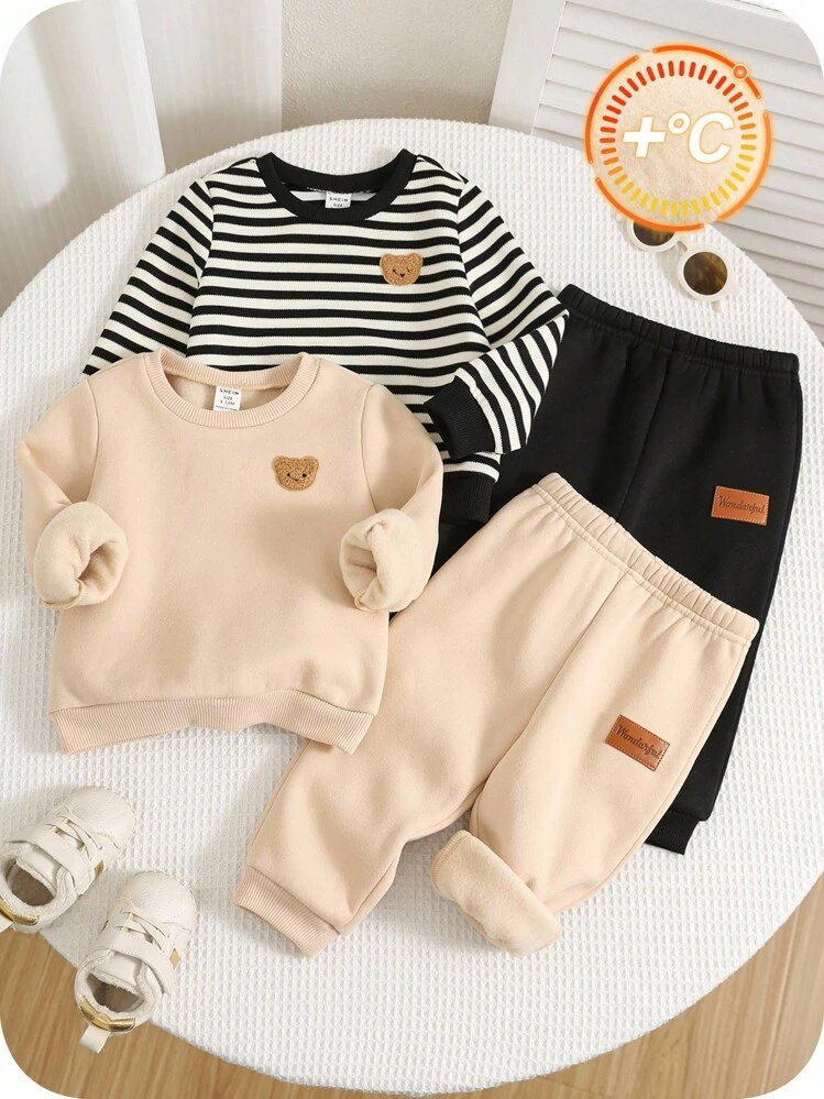 SHEIN 4pcs/Set Unisex Baby Boy & Baby Girl Cute Cartoon Print Long Sleeve Sweatshirt And Pants Set, Casual Autumn/Winter Clothes Fall - Multicolor - View 8