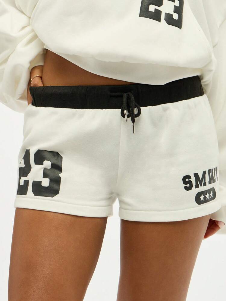 SUMWON WOMEN Varsity Style Letter Print Sports Booty Shorts High Waisted Athletic Drawstring Contrast Waistband Number Graphic Summer Hot Pants