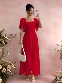Rafferiza 女式休闲方领荷叶边袖纯色连衣裙 - 紅色 - 查看 1
