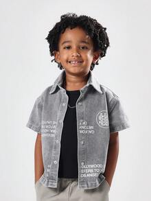 SUMWON Kids Streetwear Grey Denim Overshirt Short Sleeve Button Down Shirt With Front Back Graphics And Printed Text Regular Fit Urban Fashion Casual Wear - Grey - View 3