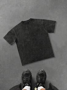 Manfinity EMRG 男士 Street New York 字母闪电图案 T 恤，印有自由女神像，水洗棉 T 恤 - 黑色 - 查看 2