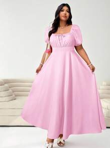 Solflare 大码女式黄色短袖休闲系带束腰优雅度假装，适合春夏、夏季、夏季穿着，也可作婚礼宾客连衣裙或束腰连衣裙。 - 粉色 - 查看 3