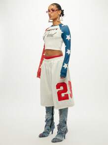SUMWON WOMEN Top curto com estampa de bandeira americana e texto bonito e pago, manga comprida, estampa de estrela, raglan, camiseta estampada, moda patriótica para festivais - Multicolorido - Ver 7