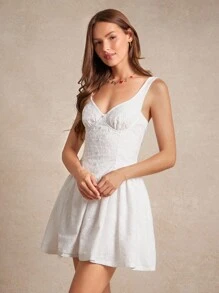 WESTFADE Ditsy Floral Eyelet V Neck Underwire Cups Drop Waist Smocked Back Ruffle Fit & Flare Sleeveless Mini Dress Summer 4th Of July Beach Vacation Outfit Cowgirl Rodeo Nashville Country Western Concert Outfit - White - View 5