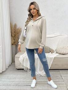 SHEIN 孕妇纽扣式抽绳插肩袖运动衫，适合冬季孕妇穿着 - 杏色 - 查看 3