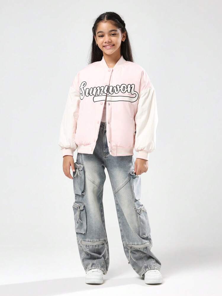 Pink Bomber Jacket With White Sleeves And Logo
