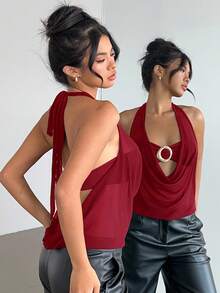 Aloruh 全新性感半透明低胸露背上衣，金属装饰 - 酒紅色 - 查看 8