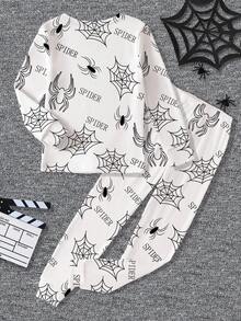 Tween Boys Spider Print Snug Fit Long Sleeve Top And Pants 2 Pieces Pajama Set, Stretchy Slim Fit, Suitable For Spring/Autumn Snug Fit Pajamas Fall Winter - White - View 2