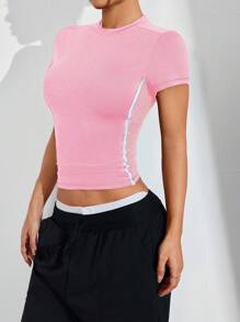 Eassivo Eassivo Women's Yoga Fitness Workout T-Shirt, Tight-Fitting, Commuting Casual With Side White Stripes, Sexy & Comfortable, Suitable For Commuting, Outdoor, Running, Slim Fit Side Mesh Short Sleeve Top Gym Shirts - Baby Pink - View 4