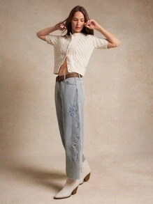WESTFADE Country Western Floral Embroidered Mid Rise Relaxed Barrel Leg Cotton Blend Denim Jeans - Light Wash - View 3