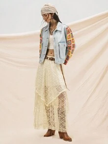 Easelle Veste en jean pour femmes avec manches en laine colorée, coutures, veste d'automne et d'hiver