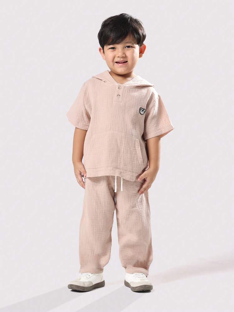 Short Sleeve Hooded Top With Drawstring Pants Set