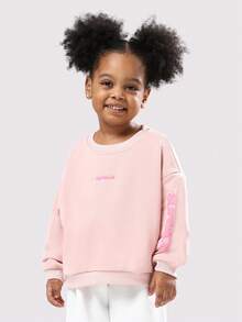 SUMWON Oversized Kids Crew Neck Sweatshirt Logo Print Long Sleeve Casual Pullover Ribbed Cuffs Winter Fall Streetwear - Pink - View 1