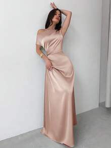 Firerie 女士绿色优雅不对称肩部褶饰美人鱼下摆连衣裙，适合约会、度假、婚礼、活动、返校、毕业典礼、正式伴娘礼服 - 粉色 - 查看 8