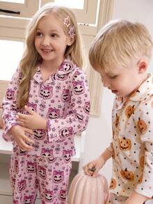 2pcs/Set Young Girl' Purple Pumpkin Lantern & Star Print Long Sleeve Cardigan And Pants Pajama Set,Cute Halloween Purple Pumpkin Pattern - Purple - View 6