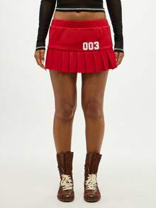 SUMWON WOMEN Váy ngắn xếp ly cạp cao thiết kế cúp đồng phục cổ vũ đội quần vợt trượt băng thể thao có đính số - Đỏ - Xem 4