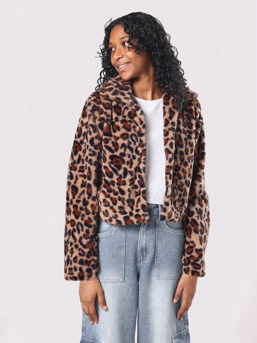 SUMWON Chaqueta de piel sintética con estampado de leopardo para adolescentes, abrigo cálido de peluche, prenda exterior con estampado animal, estilo corto y crop, pieza de moda para declaración, colección de otoño e invierno