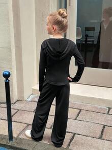 SHEIN Tween 女童纯黑色拉链连帽衫上衣夹克和阔腿裤两件套，适合春秋季休闲装和日常穿着 - 黑色 - 查看 11