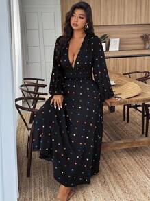 Weeklong Deep V-Neck Casual Sexy Slit Long Sleeve Plus Size Dress Fall Cloth For Women