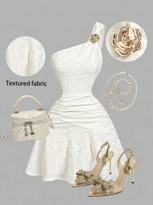 SHEIN MOD Váy dệt kim jacquard viền bèo nhún cắt vai họa tiết hoa kim loại cỡ lớn, phong cách đường phố, rave, nhiệt đới, tiệc trà, Hawaii, trang phục dự tiệc sáng muộn, Gyaru, gợi cảm, phương Tây, váy xòe đi chơi - Màu be - Xem 1